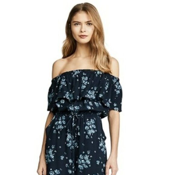 JACK by BBDakota Navy with blue floral off shoulder jumpsuit size small - Picture 2 of 9